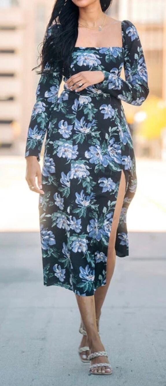 Abercrombie & Fitch Midi Dress Long Sleeve Blue Floral Square Neckline